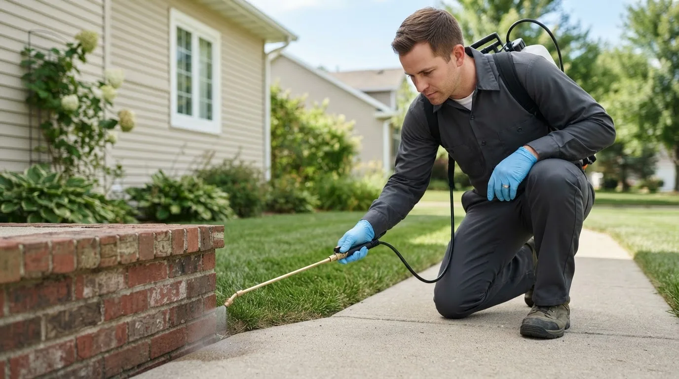Pest control technician treating a home near Bolton, MA