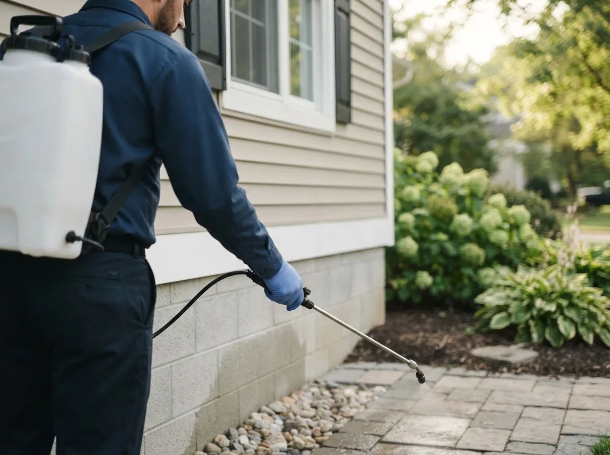 Pest control technician inspecting a home in Bolton, MA